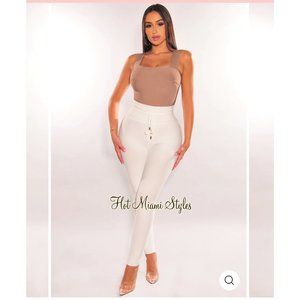 Hot Miami Styles White Bandage High Waist Belted Pants